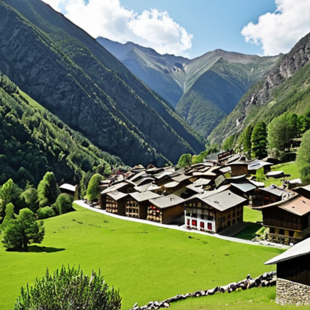 **Prompt:** A serene view of Vall del Madriu-Perafita-Claror, a UNESCO World Heritage site in Andorra. The image should capture the blend of rugged mountain peaks, lush alpine meadows, dense forests, and pristine rivers. In the foreground, show a traditional Andorran stone village nestled amidst the natural landscape, demonstrating the harmonious coexistence of nature and human activity. The overall mood should be peaceful and awe-inspiring.