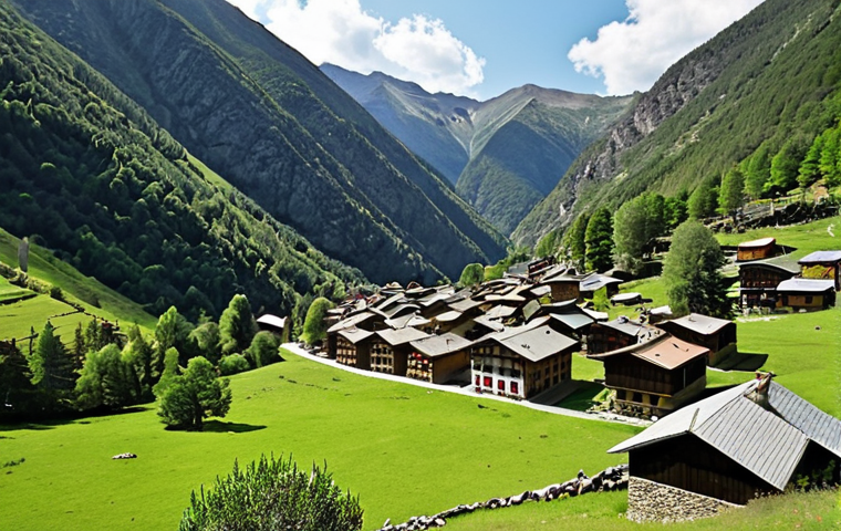 **Prompt:** A serene view of Vall del Madriu-Perafita-Claror, a UNESCO World Heritage site in Andorra. The image should capture the blend of rugged mountain peaks, lush alpine meadows, dense forests, and pristine rivers. In the foreground, show a traditional Andorran stone village nestled amidst the natural landscape, demonstrating the harmonious coexistence of nature and human activity. The overall mood should be peaceful and awe-inspiring.