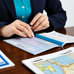 A professional woman in modest, elegant business casual travel attire, calmly organizing travel documents on a clean, modern desk in a home office. The documents include a passport, a neatly folded map of Andorra, a printed insurance policy, and a local SIM card packet. A small, organized first-aid pouch is visible nearby. The scene is bathed in soft, natural light, conveying a sense of preparedness and calm. professional photography, high quality, perfect anatomy, correct proportions, natural pose, well-formed hands, proper finger count, natural body proportions, safe for work, appropriate content, fully clothed, professional dress, modest clothing.
