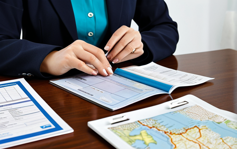 A professional woman in modest, elegant business casual travel attire, calmly organizing travel documents on a clean, modern desk in a home office. The documents include a passport, a neatly folded map of Andorra, a printed insurance policy, and a local SIM card packet. A small, organized first-aid pouch is visible nearby. The scene is bathed in soft, natural light, conveying a sense of preparedness and calm. professional photography, high quality, perfect anatomy, correct proportions, natural pose, well-formed hands, proper finger count, natural body proportions, safe for work, appropriate content, fully clothed, professional dress, modest clothing.