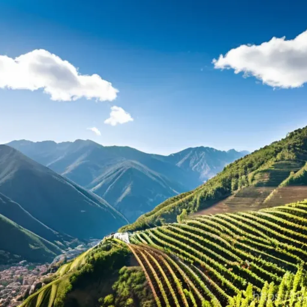 안도라 와인과 로컬 주류 - **Andorran High-Altitude Winemaking:** A breathtaking panoramic view of the steep, terraced vineyard...