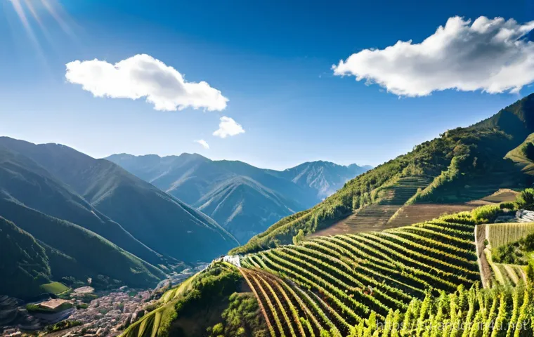 안도라 와인과 로컬 주류 - **Andorran High-Altitude Winemaking:** A breathtaking panoramic view of the steep, terraced vineyard...