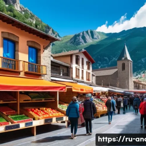 Home 33 안도라와 스페인의 관계 - A bustling Andorran street market scene showcasing vibrant stalls filled with Spanish products such ...