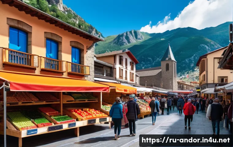 안도라와 스페인의 관계 - A bustling Andorran street market scene showcasing vibrant stalls filled with Spanish products such ...
