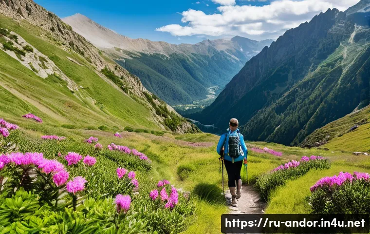 안도라의 등산로 및 트레킹 코스 - A serene hiking trail around Engolasters Lake in Andorra during early summer, featuring gentle slope...