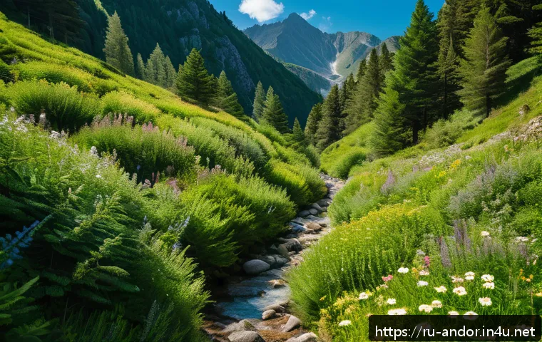 안도라의 작은 마을 및 숨겨진 여행지 - A serene, hidden mountain trail in Andorra during early summer, featuring dense, lush green forests ...