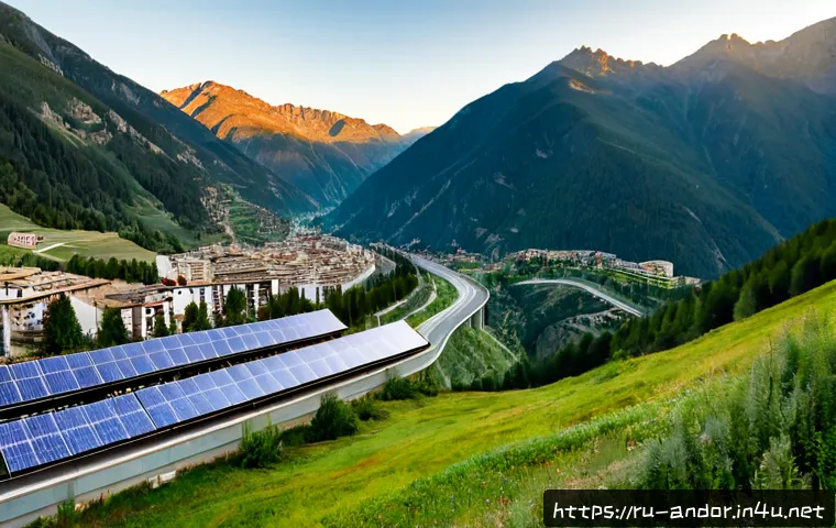 안도라의 친환경 정책 및 지속 가능성 - Photorealistic panoramic view of Andorra’s Pyrenees valley at sunrise, a compact mountain town surro...